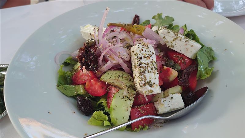 Greek salad with feta, tomatoes and red onion