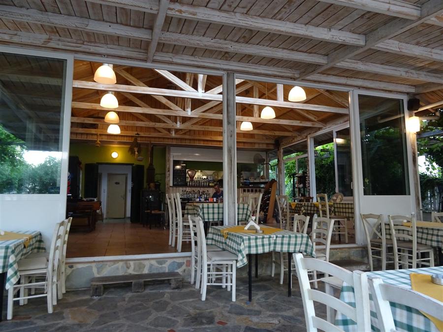 The terrace of Amalthia — a seafood restaurant in Stavros, one street behind the beach